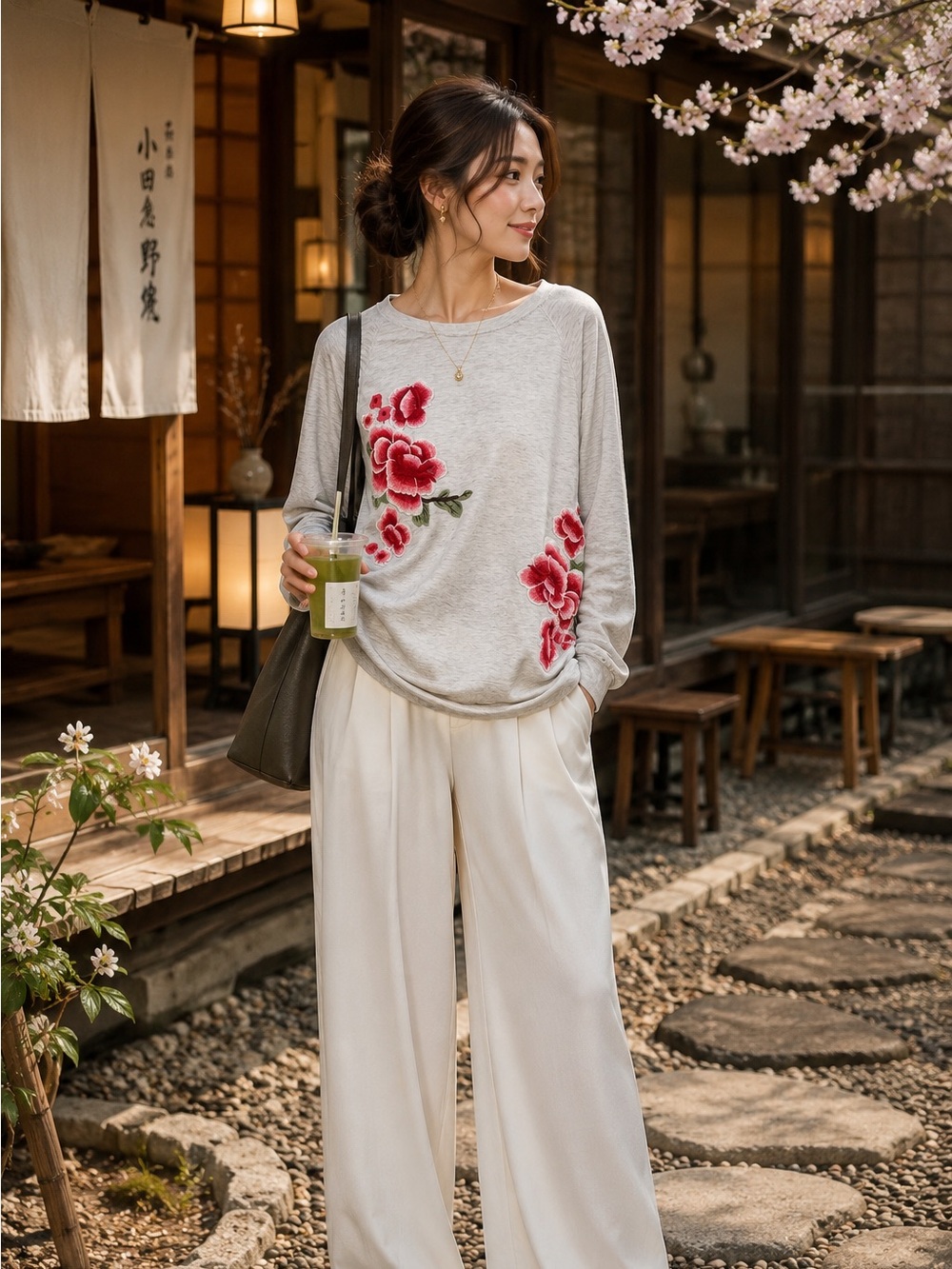Floral Embroidered Sweatshirt Gray Long Sleeve Top Rose Appliqué